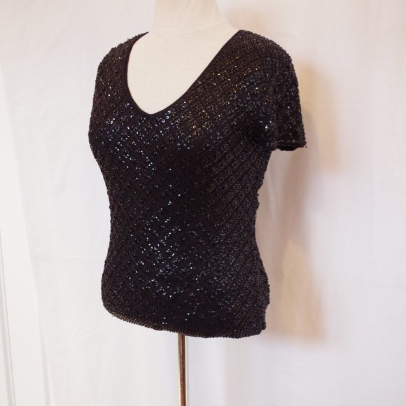 Ann Taylor Beaded/Sequined Black Knit Top- Sz. Sm - Picture 2 of 5